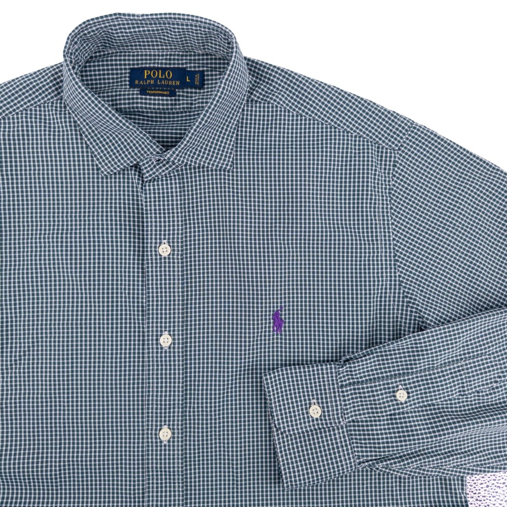Ralph Lauren Mens L Performance Button Down Shirt Green Gingham Stretch Preppy